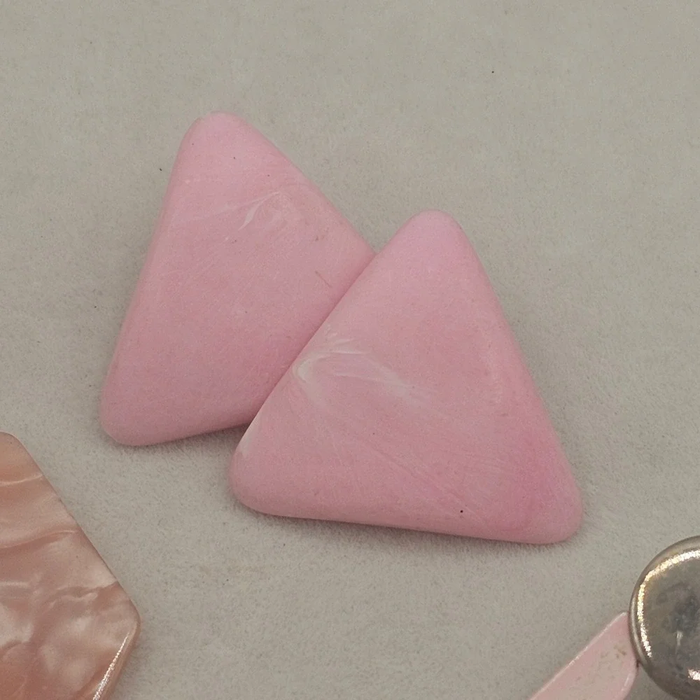 Vintage Geometric Pink Earring Lot 4 Pairs Gold Silver Tones Retro Mod Jewelry